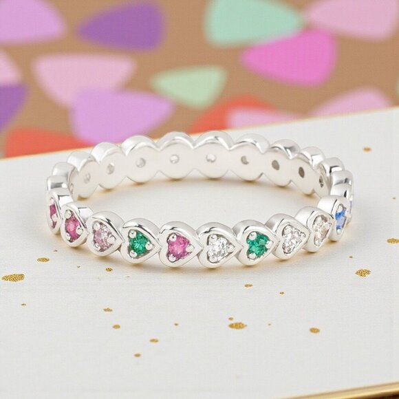 Rainbow Heart Ring S925 Sterling Silver Dainty Minimalist Bundle Offer Sz 5.5 - Picture 7 of 12